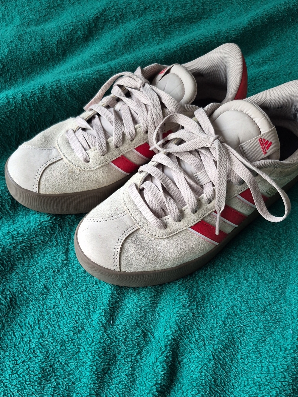 Adidas Beige Suede Sneakers with Red Stripes